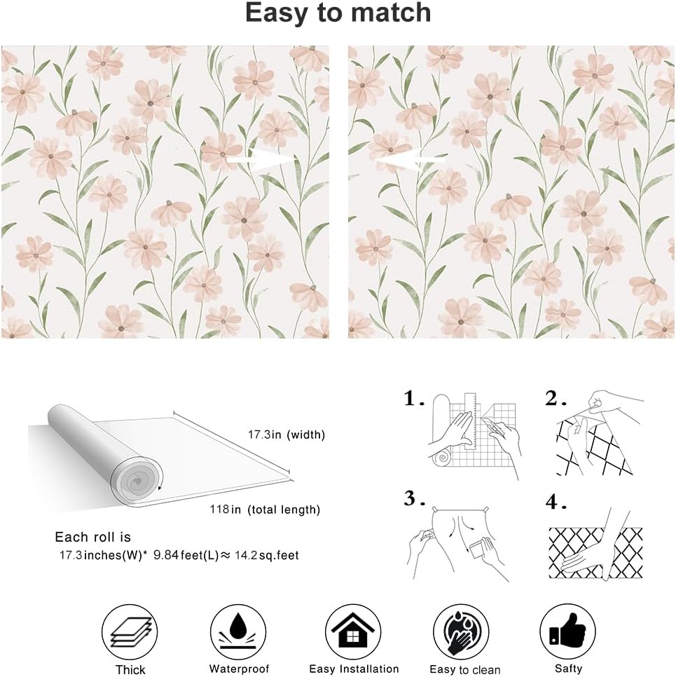 Pink Floral Wallpaper Peel and Stick Daisy Wallpaper Textured Boho Contact Paper Removable Vintage Stick on Self Adhesive for Bedroom Bathroom Cabinets, Pink Green, 17.3 x 118 inch