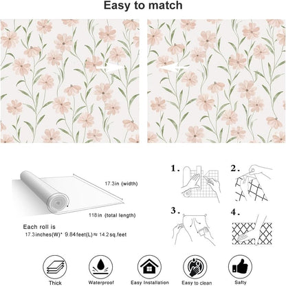 Pink Floral Wallpaper Peel and Stick Daisy Wallpaper Textured Boho Contact Paper Removable Vintage Stick on Self Adhesive for Bedroom Bathroom Cabinets, Pink Green, 17.3 x 118 inch