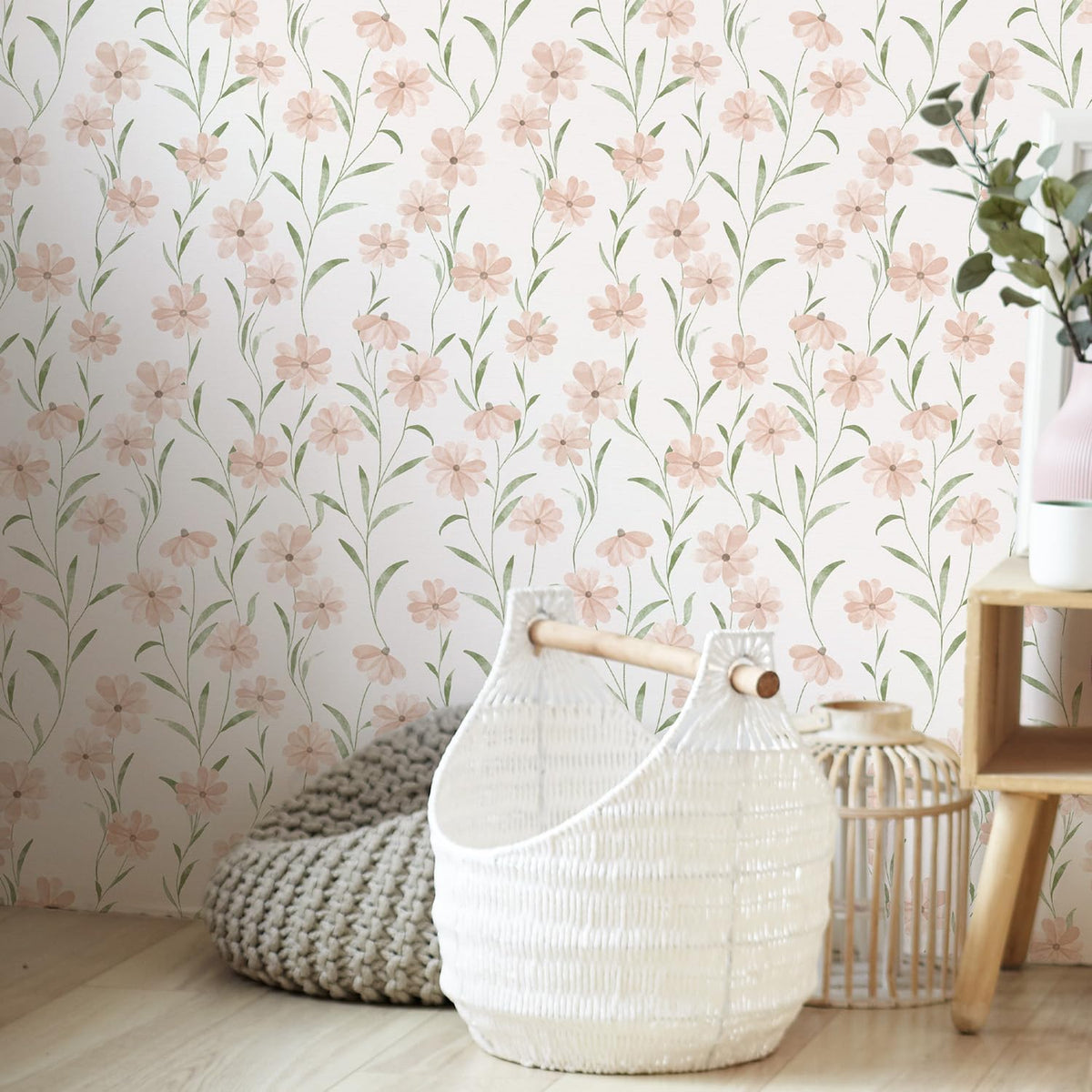Pink Floral Wallpaper Peel and Stick Daisy Wallpaper Textured Boho Contact Paper Removable Vintage Stick on Self Adhesive for Bedroom Bathroom Cabinets, Pink Green, 17.3 x 118 inch