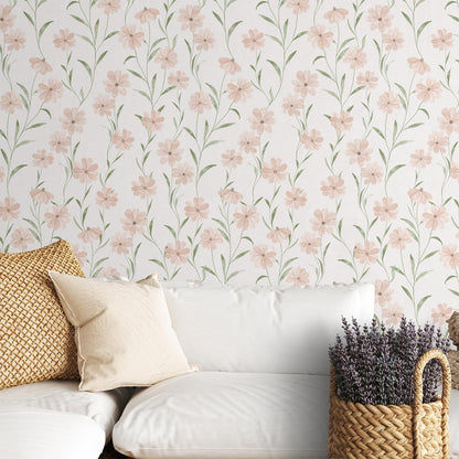 Pink Floral Wallpaper Peel and Stick Daisy Wallpaper Textured Boho Contact Paper Removable Vintage Stick on Self Adhesive for Bedroom Bathroom Cabinets, Pink Green, 17.3 x 118 inch
