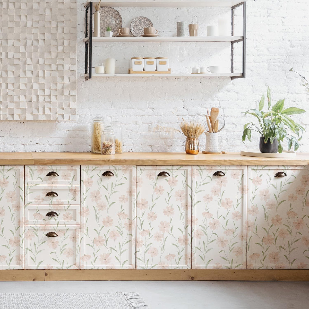 Pink Floral Wallpaper Peel and Stick Daisy Wallpaper Textured Boho Contact Paper Removable Vintage Stick on Self Adhesive for Bedroom Bathroom Cabinets, Pink Green, 17.3 x 118 inch