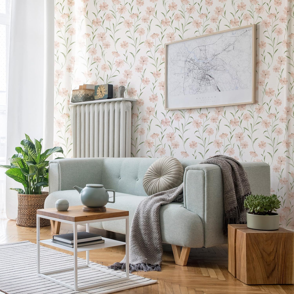Pink Floral Wallpaper Peel and Stick Daisy Wallpaper Textured Boho Contact Paper Removable Vintage Stick on Self Adhesive for Bedroom Bathroom Cabinets, Pink Green, 17.3 x 118 inch