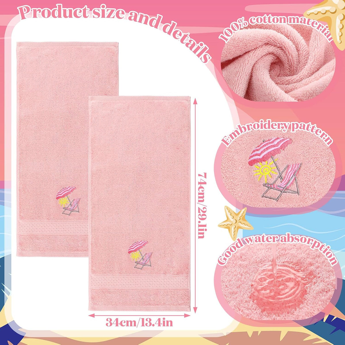 2 Pcs Beach Chair Hand Towels Pink Bathroom Decor 14x29 Inch
