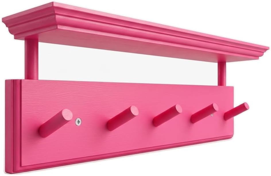 Matías Coat Rack Wall Mount with Shelf, 18 Inch Solid Wood Peg Rail, Wall Mounted Coat Rack with 5 Hooks, Wall Mount Shelf for Entryway, Bathroom or Bedroom (Pink)