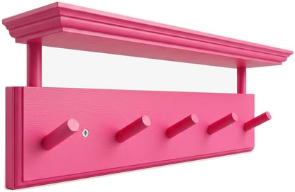 Matías Coat Rack Wall Mount with Shelf, 18 Inch Solid Wood Peg Rail, Wall Mounted Coat Rack with 5 Hooks, Wall Mount Shelf for Entryway, Bathroom or Bedroom (Pink)