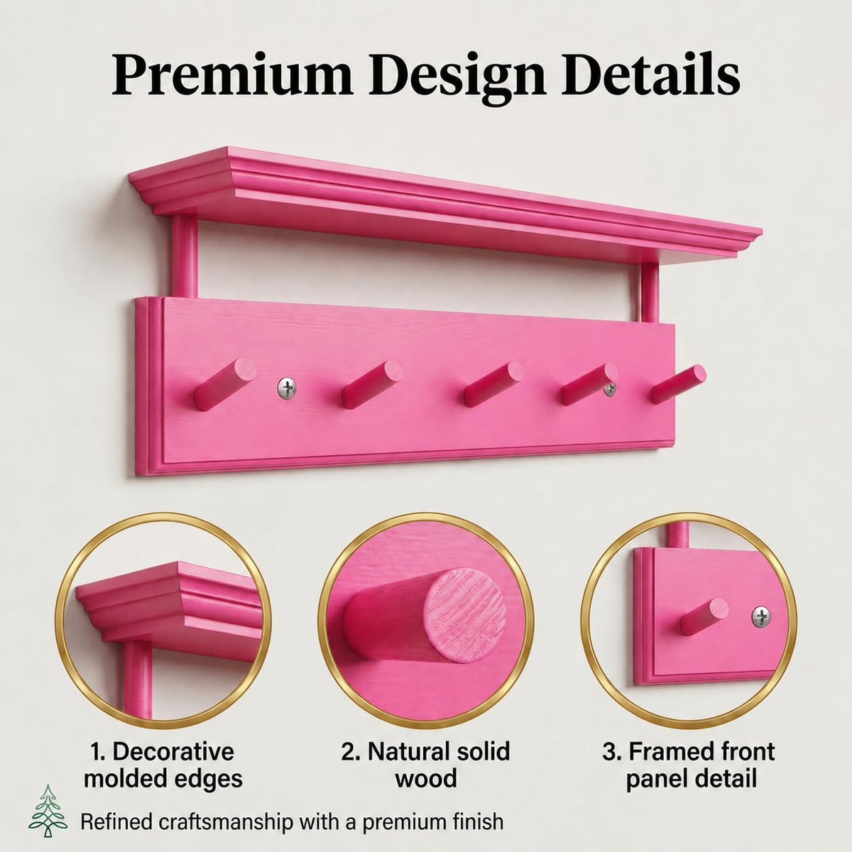 Matías Coat Rack Wall Mount with Shelf, 18 Inch Solid Wood Peg Rail, Wall Mounted Coat Rack with 5 Hooks, Wall Mount Shelf for Entryway, Bathroom or Bedroom (Pink)
