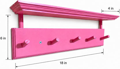 Matías Coat Rack Wall Mount with Shelf, 18 Inch Solid Wood Peg Rail, Wall Mounted Coat Rack with 5 Hooks, Wall Mount Shelf for Entryway, Bathroom or Bedroom (Pink)