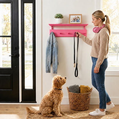 Matías Coat Rack Wall Mount with Shelf, 18 Inch Solid Wood Peg Rail, Wall Mounted Coat Rack with 5 Hooks, Wall Mount Shelf for Entryway, Bathroom or Bedroom (Pink)