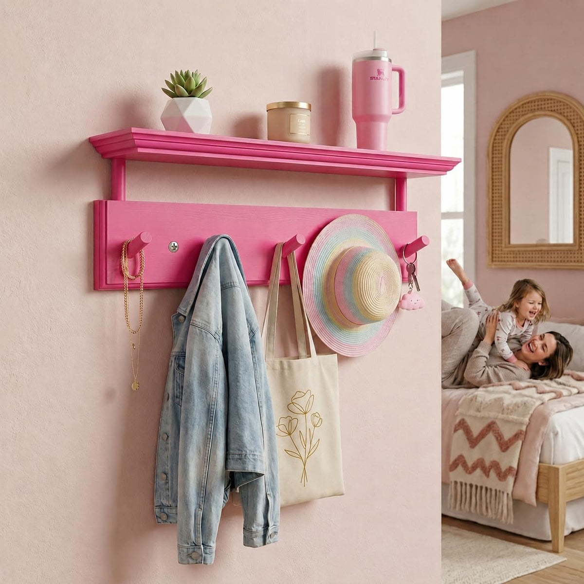 Matías Coat Rack Wall Mount with Shelf, 18 Inch Solid Wood Peg Rail, Wall Mounted Coat Rack with 5 Hooks, Wall Mount Shelf for Entryway, Bathroom or Bedroom (Pink)