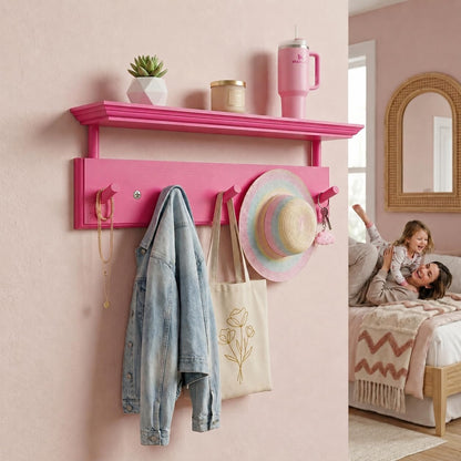 Matías Coat Rack Wall Mount with Shelf, 18 Inch Solid Wood Peg Rail, Wall Mounted Coat Rack with 5 Hooks, Wall Mount Shelf for Entryway, Bathroom or Bedroom (Pink)