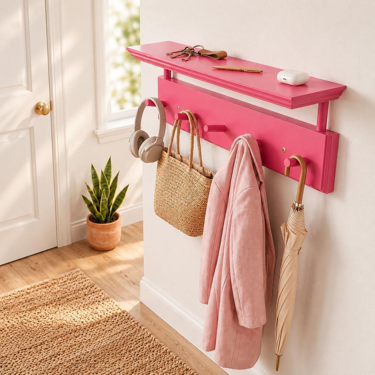 Matías Coat Rack Wall Mount with Shelf, 18 Inch Solid Wood Peg Rail, Wall Mounted Coat Rack with 5 Hooks, Wall Mount Shelf for Entryway, Bathroom or Bedroom (Pink)