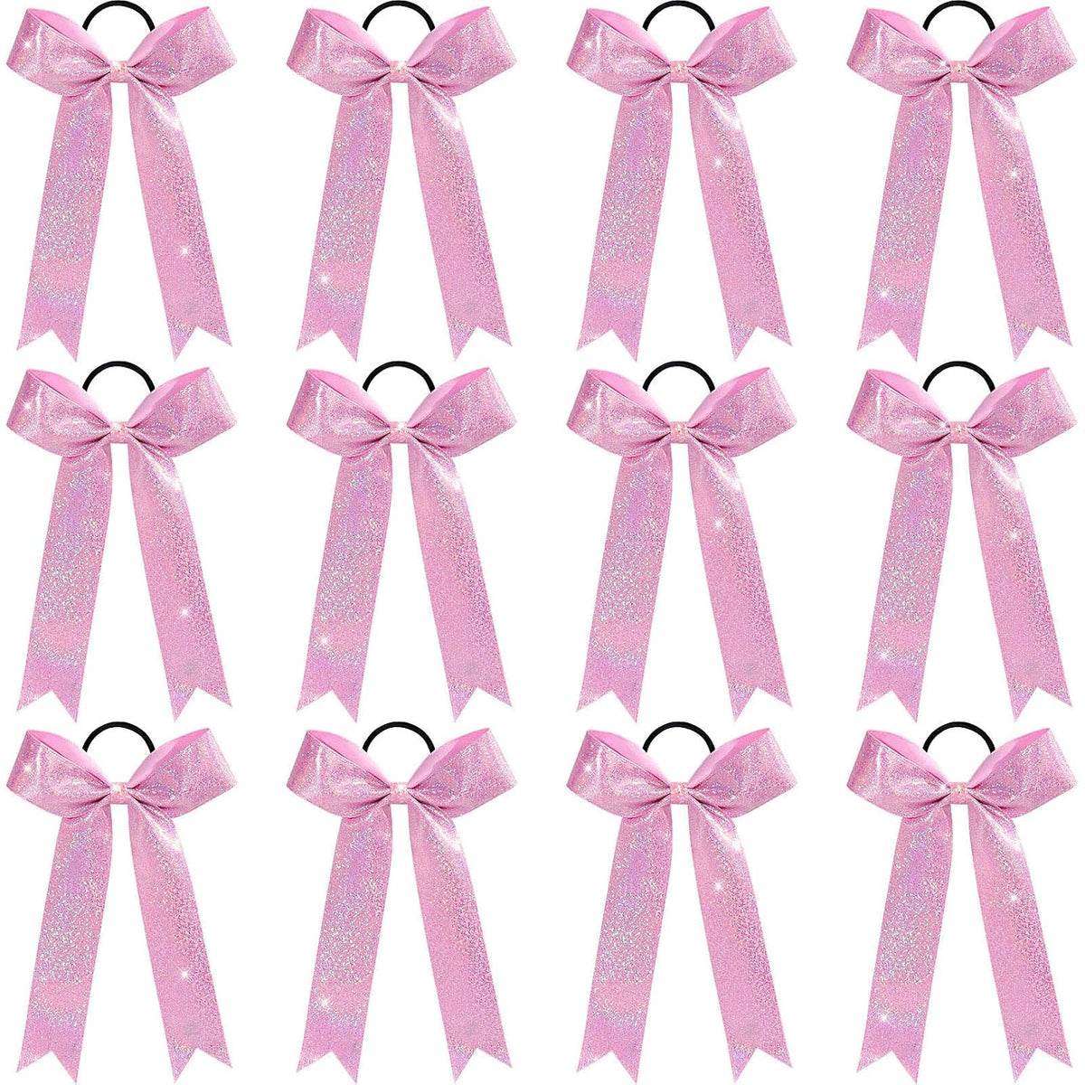 12PCS Glitter Cheer Bows for Cheerleader, Pink Long Tail Cheer Hair Bows Ponytail Holder for Cheering Girls Softball Sports (Pink)