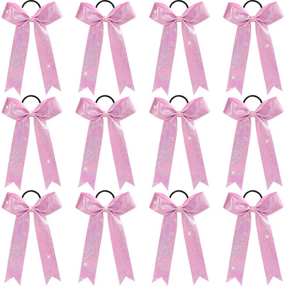 12PCS Glitter Cheer Bows for Cheerleader, Pink Long Tail Cheer Hair Bows Ponytail Holder for Cheering Girls Softball Sports (Pink)