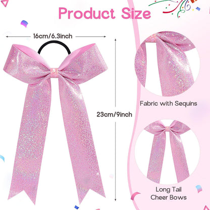 12PCS Glitter Cheer Bows for Cheerleader, Pink Long Tail Cheer Hair Bows Ponytail Holder for Cheering Girls Softball Sports (Pink)
