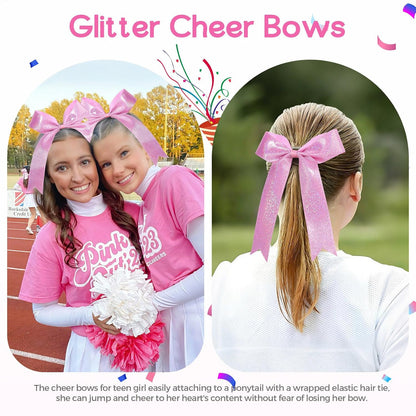 12PCS Glitter Cheer Bows for Cheerleader, Pink Long Tail Cheer Hair Bows Ponytail Holder for Cheering Girls Softball Sports (Pink)