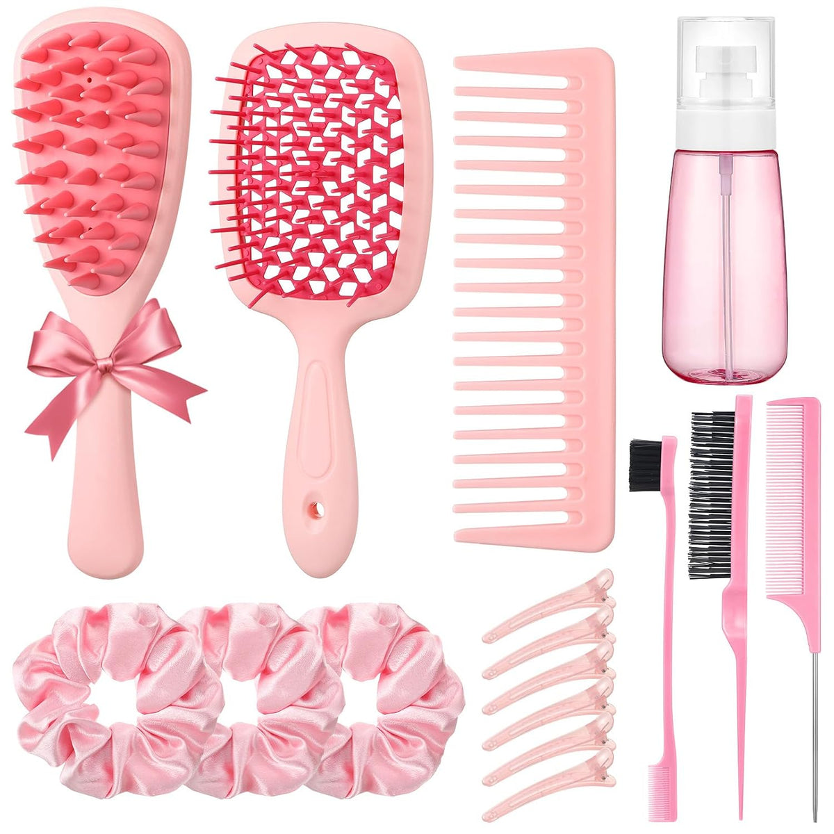 16 Pcs Pink Hair Brush Set for Women Girls - Scalp Scrubber with Handle, Detangle Hair Brush, Spray Bottle, Edge Bristles Wide Tooth Brushes Rat Tail Comb for Travel Home Use Hair Stuff