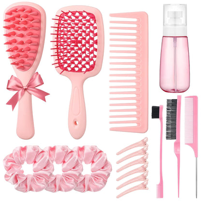 16 Pcs Pink Hair Brush Set for Women Girls - Scalp Scrubber with Handle, Detangle Hair Brush, Spray Bottle, Edge Bristles Wide Tooth Brushes Rat Tail Comb for Travel Home Use Hair Stuff
