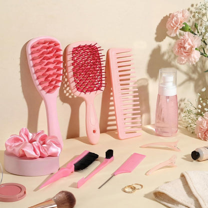 16 Pcs Pink Hair Brush Set for Women Girls - Scalp Scrubber with Handle, Detangle Hair Brush, Spray Bottle, Edge Bristles Wide Tooth Brushes Rat Tail Comb for Travel Home Use Hair Stuff