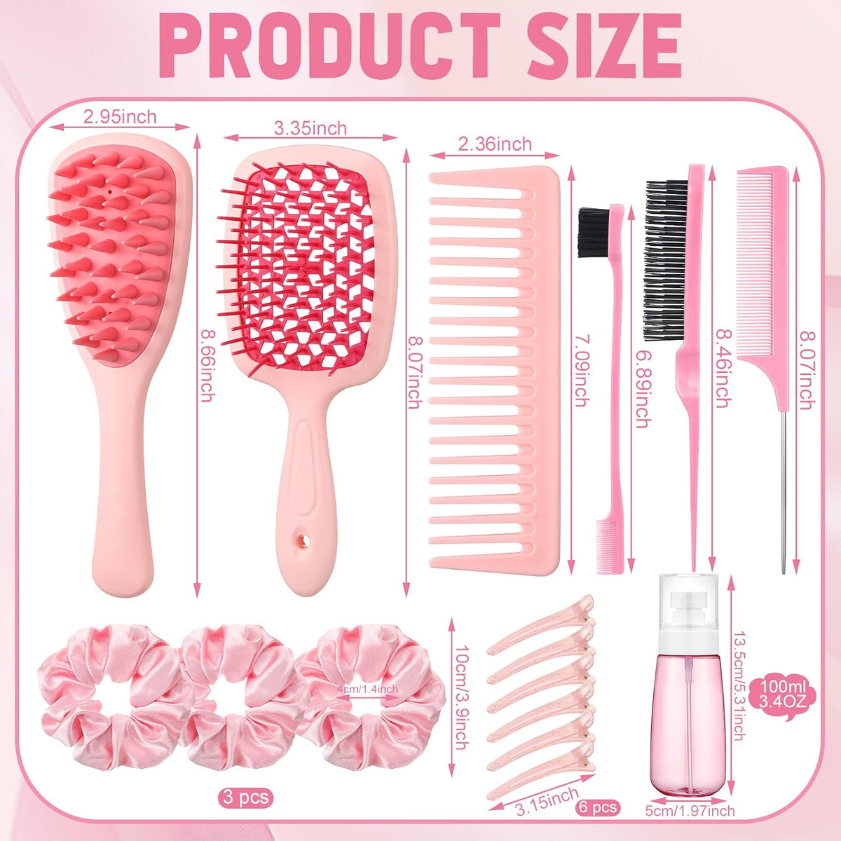 16 Pcs Pink Hair Brush Set for Women Girls - Scalp Scrubber with Handle, Detangle Hair Brush, Spray Bottle, Edge Bristles Wide Tooth Brushes Rat Tail Comb for Travel Home Use Hair Stuff