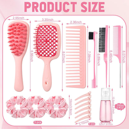 16 Pcs Pink Hair Brush Set for Women Girls - Scalp Scrubber with Handle, Detangle Hair Brush, Spray Bottle, Edge Bristles Wide Tooth Brushes Rat Tail Comb for Travel Home Use Hair Stuff
