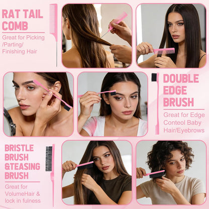 16 Pcs Pink Hair Brush Set for Women Girls - Scalp Scrubber with Handle, Detangle Hair Brush, Spray Bottle, Edge Bristles Wide Tooth Brushes Rat Tail Comb for Travel Home Use Hair Stuff