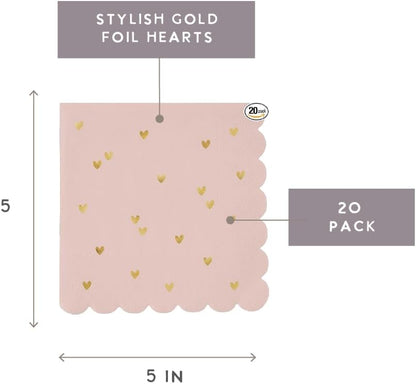 Valentine's Day Party Cocktail Napkins Scalloped Disposable Paper Napkins, 20-Count, Gold Hearts/Blush Pink