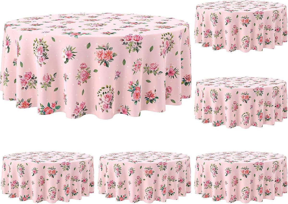 6 Pcs Plastic Round Tea Party Tablecloths 70" Floral Table Cloth Decorative Disposable Outdoor Flower Table Cover Disposable Summer Tabletop for Partys Picnic (Tea Party,Pink)