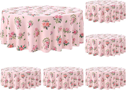 6 Pcs Plastic Round Tea Party Tablecloths 70" Floral Table Cloth Decorative Disposable Outdoor Flower Table Cover Disposable Summer Tabletop for Partys Picnic (Tea Party,Pink)