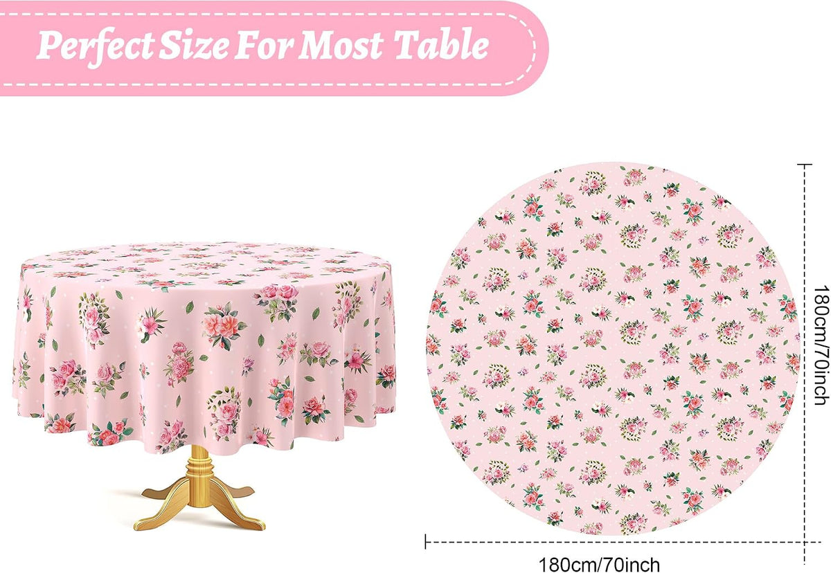 6 Pcs Plastic Round Tea Party Tablecloths 70" Floral Table Cloth Decorative Disposable Outdoor Flower Table Cover Disposable Summer Tabletop for Partys Picnic (Tea Party,Pink)