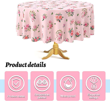 6 Pcs Plastic Round Tea Party Tablecloths 70" Floral Table Cloth Decorative Disposable Outdoor Flower Table Cover Disposable Summer Tabletop for Partys Picnic (Tea Party,Pink)