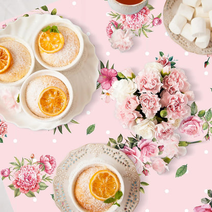 6 Pcs Plastic Round Tea Party Tablecloths 70" Floral Table Cloth Decorative Disposable Outdoor Flower Table Cover Disposable Summer Tabletop for Partys Picnic (Tea Party,Pink)