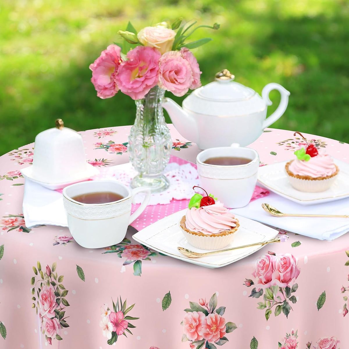6 Pcs Plastic Round Tea Party Tablecloths 70" Floral Table Cloth Decorative Disposable Outdoor Flower Table Cover Disposable Summer Tabletop for Partys Picnic (Tea Party,Pink)