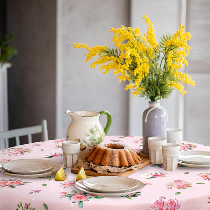6 Pcs Plastic Round Tea Party Tablecloths 70" Floral Table Cloth Decorative Disposable Outdoor Flower Table Cover Disposable Summer Tabletop for Partys Picnic (Tea Party,Pink)
