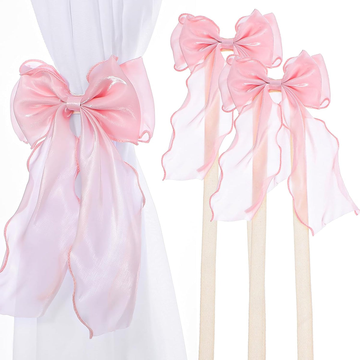 2 Pack Silky Pink Bow Curtain Tiebacks, Pink Ribbon Lace Curtain Holdbacks Elegant Decorative Bowknot Curtain Straps for Weddings Home Bedroom Living Room Wedding Party Office Décor