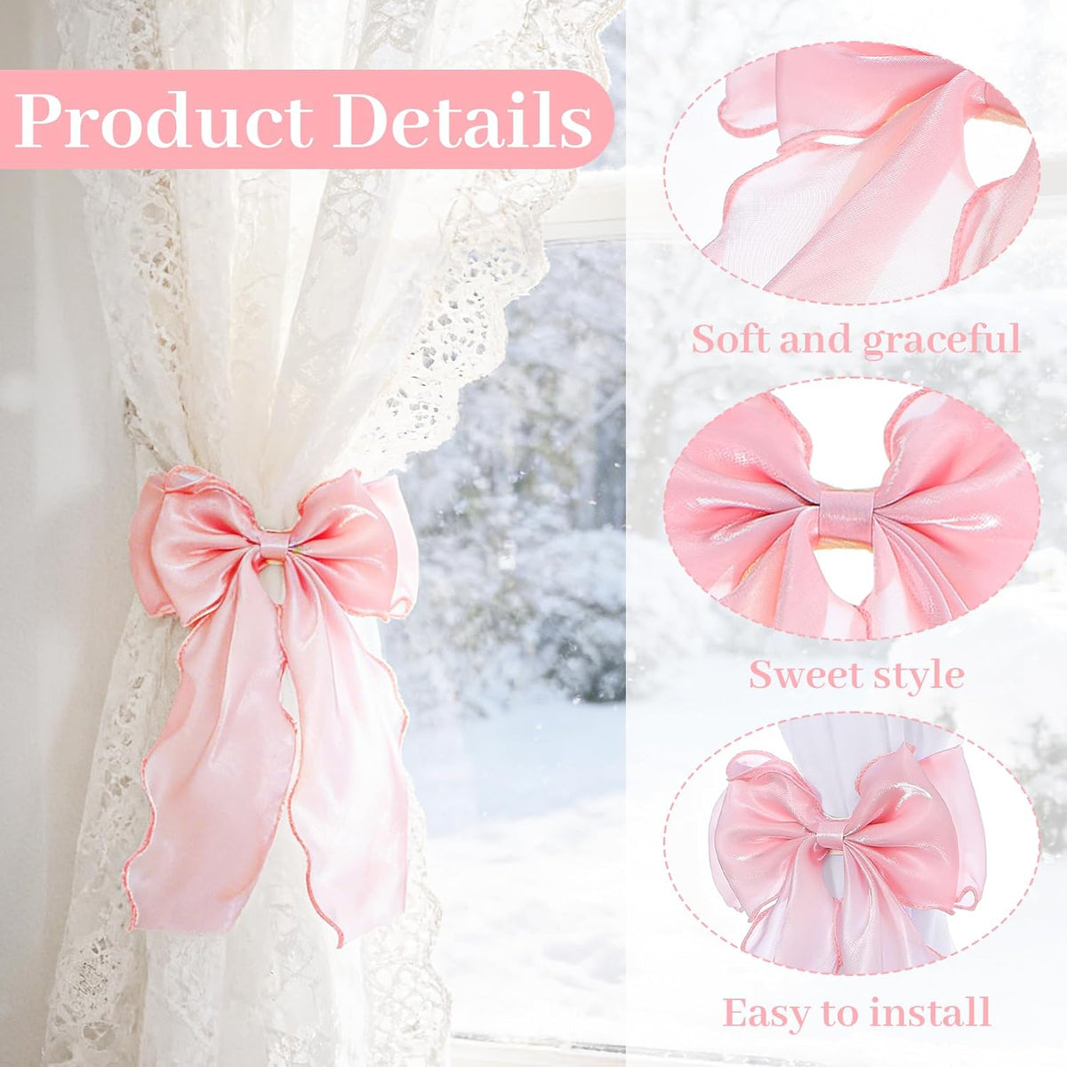 2 Pack Silky Pink Bow Curtain Tiebacks, Pink Ribbon Lace Curtain Holdbacks Elegant Decorative Bowknot Curtain Straps for Weddings Home Bedroom Living Room Wedding Party Office Décor