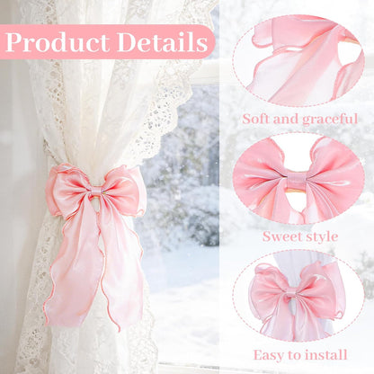 2 Pack Silky Pink Bow Curtain Tiebacks, Pink Ribbon Lace Curtain Holdbacks Elegant Decorative Bowknot Curtain Straps for Weddings Home Bedroom Living Room Wedding Party Office Décor