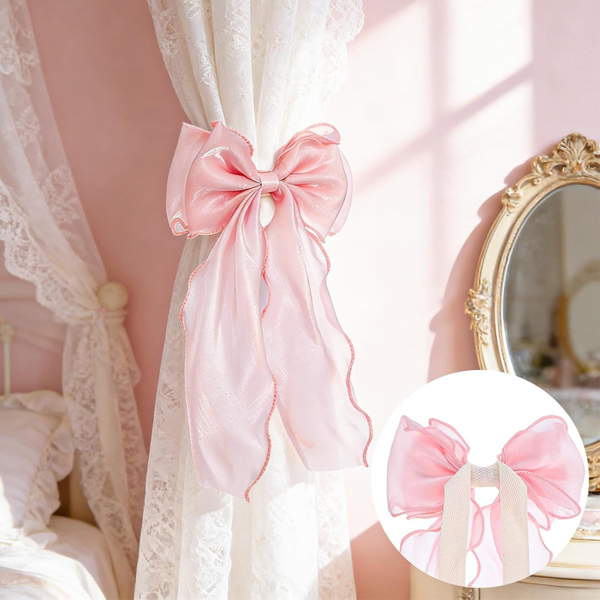 2 Pack Silky Pink Bow Curtain Tiebacks, Pink Ribbon Lace Curtain Holdbacks Elegant Decorative Bowknot Curtain Straps for Weddings Home Bedroom Living Room Wedding Party Office Décor