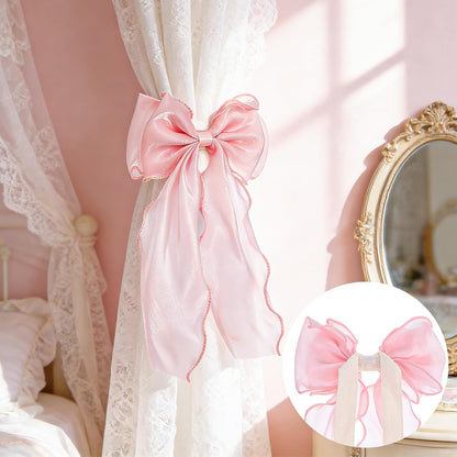 2 Pack Silky Pink Bow Curtain Tiebacks, Pink Ribbon Lace Curtain Holdbacks Elegant Decorative Bowknot Curtain Straps for Weddings Home Bedroom Living Room Wedding Party Office Décor