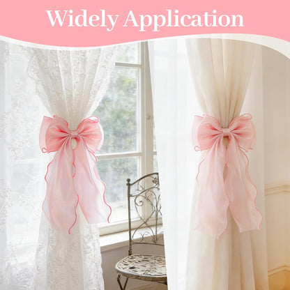 2 Pack Silky Pink Bow Curtain Tiebacks, Pink Ribbon Lace Curtain Holdbacks Elegant Decorative Bowknot Curtain Straps for Weddings Home Bedroom Living Room Wedding Party Office Décor