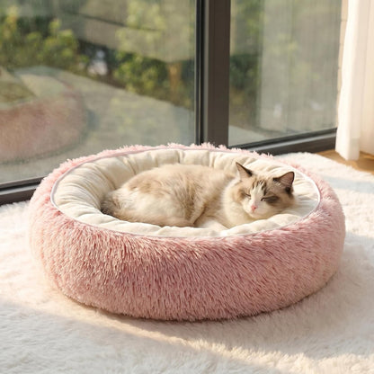 Calming Donut Pet Bed, Fluffy Long Fur Outer & Short Fur Inner, Sweat-Free & Cozy, Non-Slip Bottom, for Small Medium Dogs, Cats, Puppies & Kittens (Pink, 19.7 in)