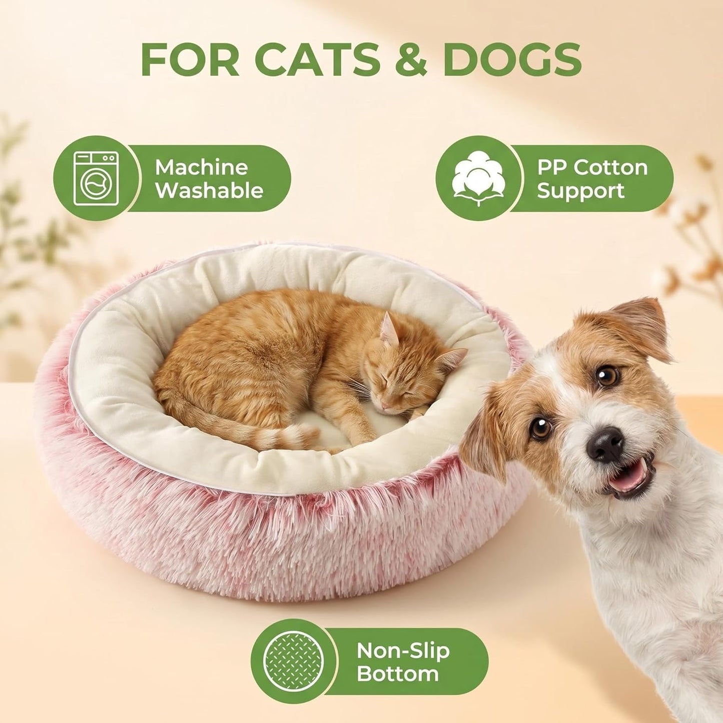 Calming Donut Pet Bed, Fluffy Long Fur Outer & Short Fur Inner, Sweat-Free & Cozy, Non-Slip Bottom, for Small Medium Dogs, Cats, Puppies & Kittens (Pink, 19.7 in)