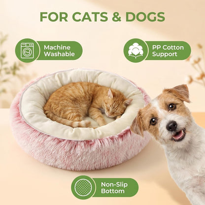 Calming Donut Pet Bed, Fluffy Long Fur Outer & Short Fur Inner, Sweat-Free & Cozy, Non-Slip Bottom, for Small Medium Dogs, Cats, Puppies & Kittens (Pink, 19.7 in)