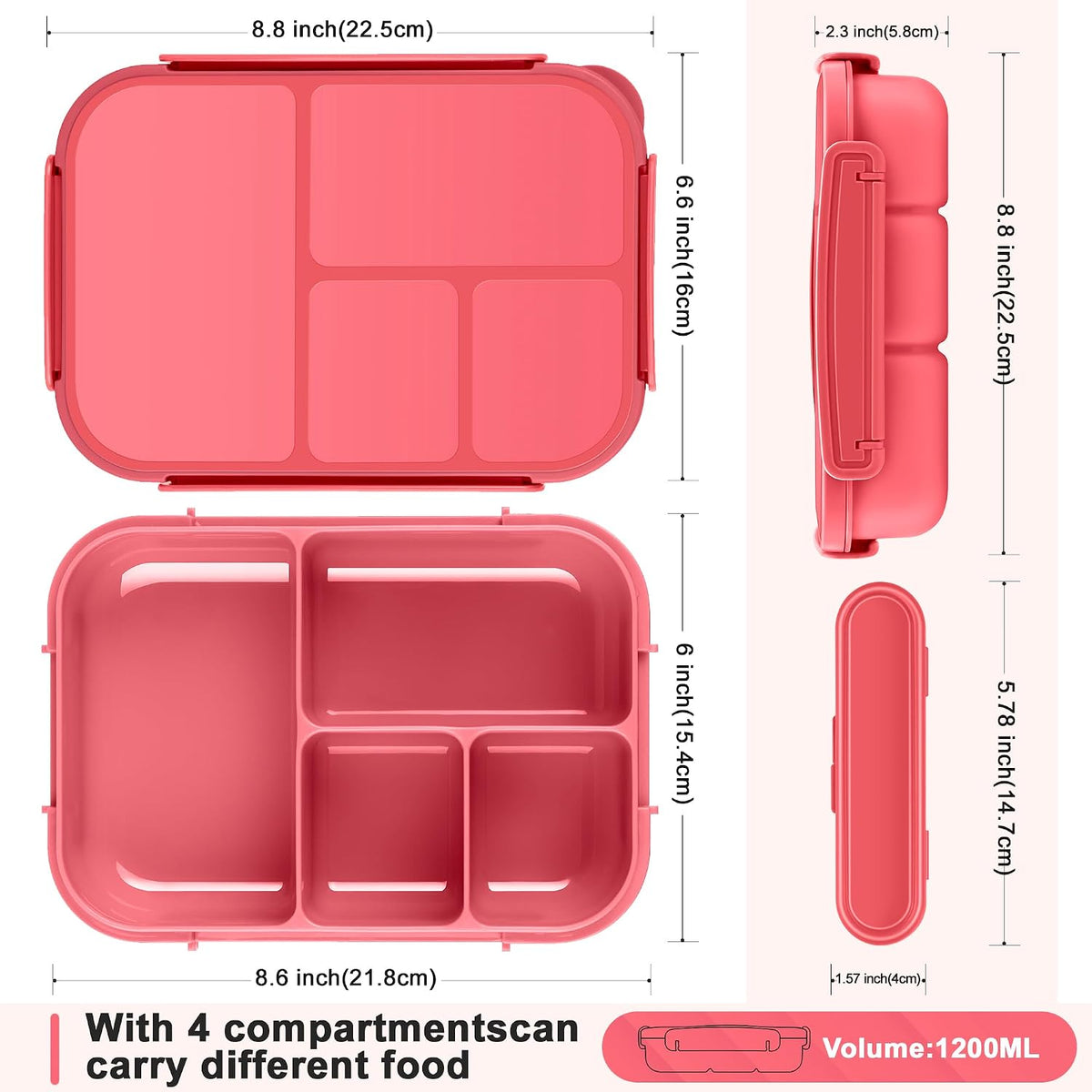 Lunch Box Kids,Bento Box Adult,Leakproof Lunch Containers for Adults/Kids/Toddler,1200ML-4 Compartments bento Lunch box with Utensil,Microwave & Dishwasher & Freezer Safe (Pink Berry)