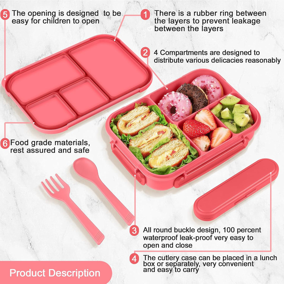Lunch Box Kids,Bento Box Adult,Leakproof Lunch Containers for Adults/Kids/Toddler,1200ML-4 Compartments bento Lunch box with Utensil,Microwave & Dishwasher & Freezer Safe (Pink Berry)