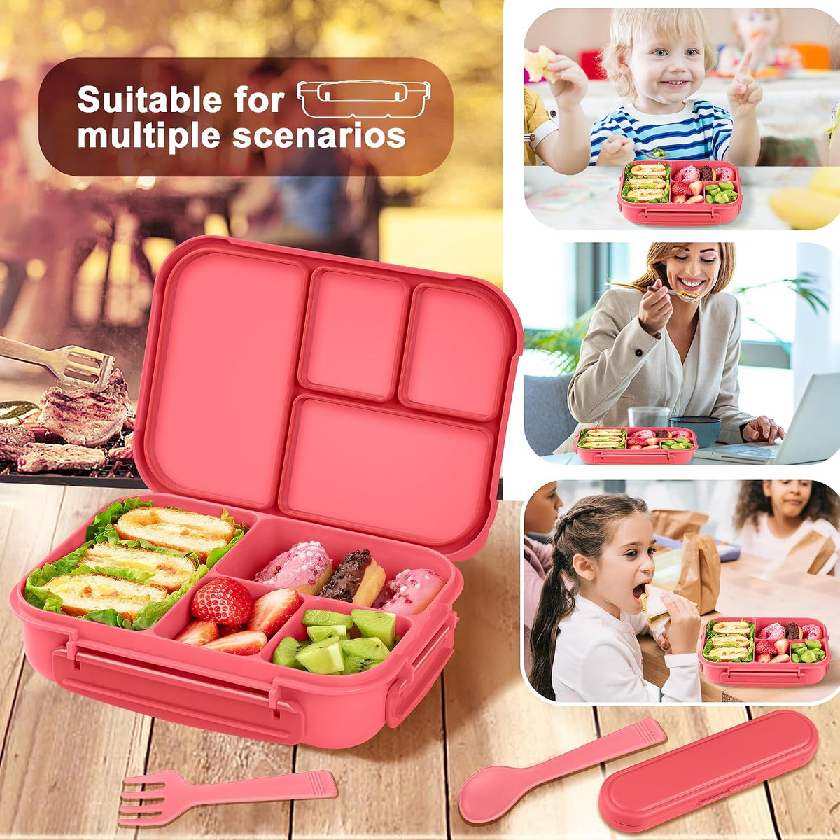 Lunch Box Kids,Bento Box Adult,Leakproof Lunch Containers for Adults/Kids/Toddler,1200ML-4 Compartments bento Lunch box with Utensil,Microwave & Dishwasher & Freezer Safe (Pink Berry)