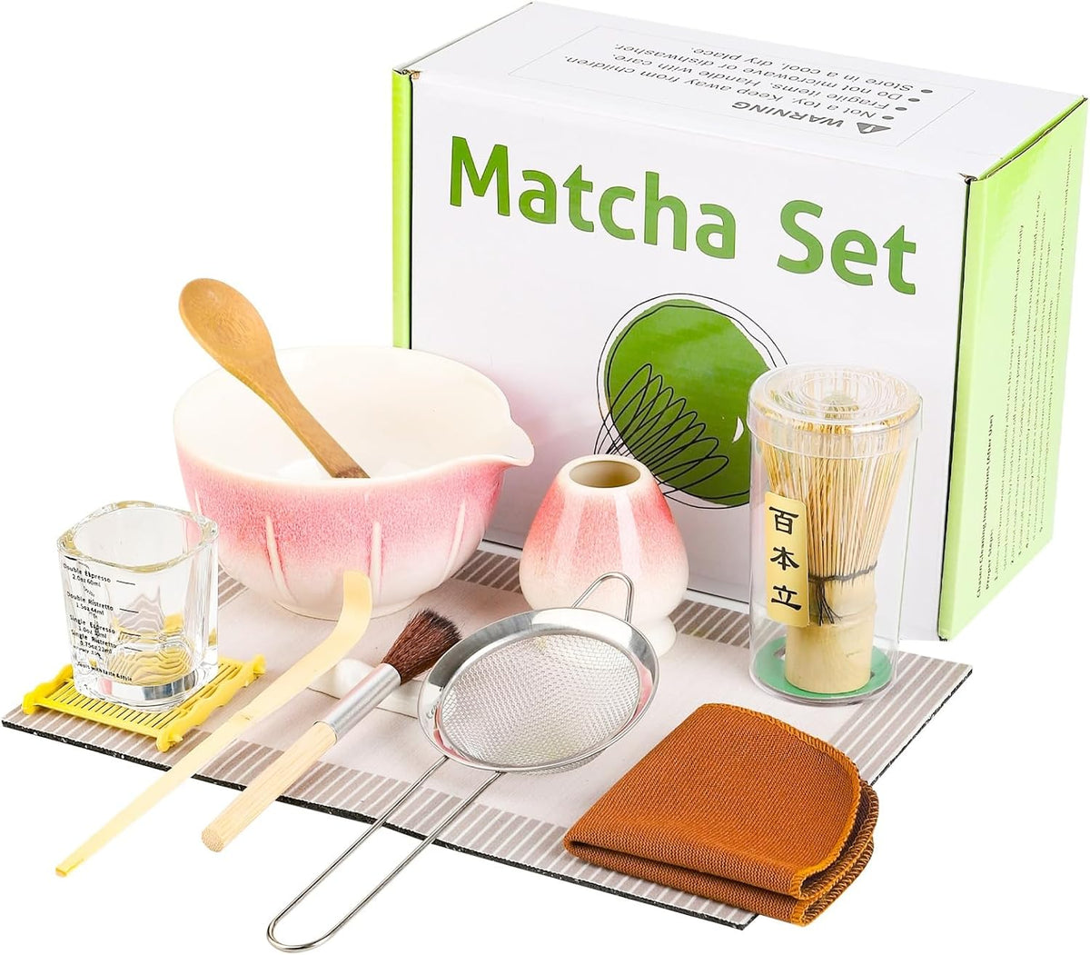 12 Pcs Matcha Whisk Set - Matcha Set Includes Ceramics Matcha Bowl and Cup, Matcha Kit for Ceremony Making Tools, Gift for Family/Friend （Gradient pink）