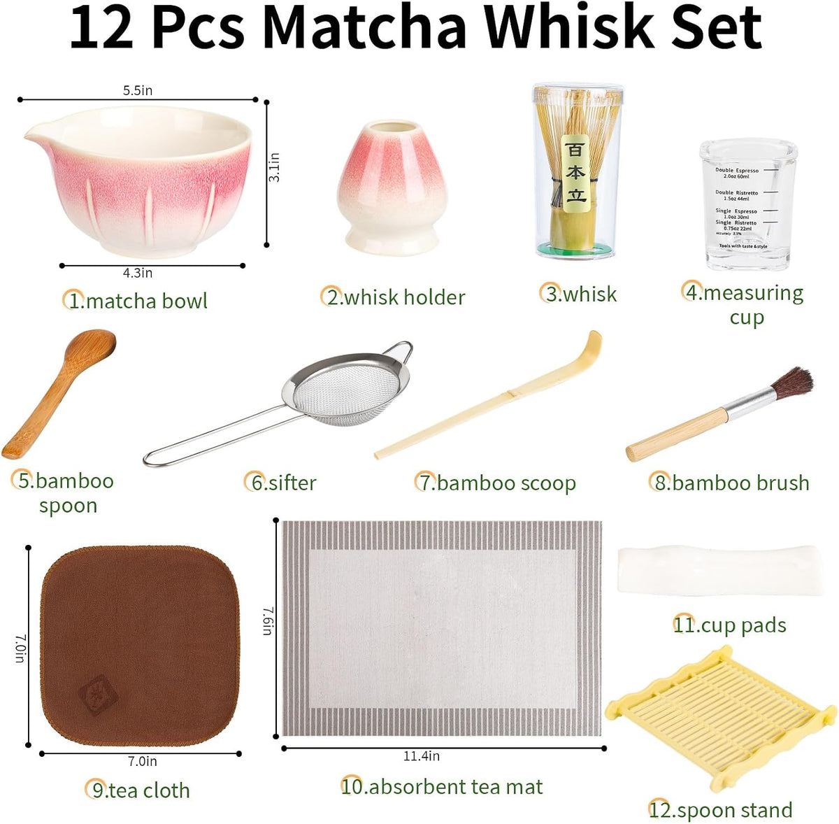 12 Pcs Matcha Whisk Set - Matcha Set Includes Ceramics Matcha Bowl and Cup, Matcha Kit for Ceremony Making Tools, Gift for Family/Friend （Gradient pink）