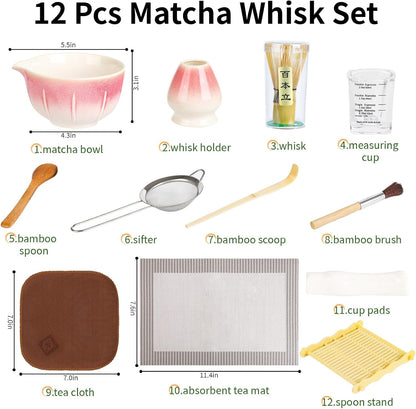 12 Pcs Matcha Whisk Set - Matcha Set Includes Ceramics Matcha Bowl and Cup, Matcha Kit for Ceremony Making Tools, Gift for Family/Friend （Gradient pink）