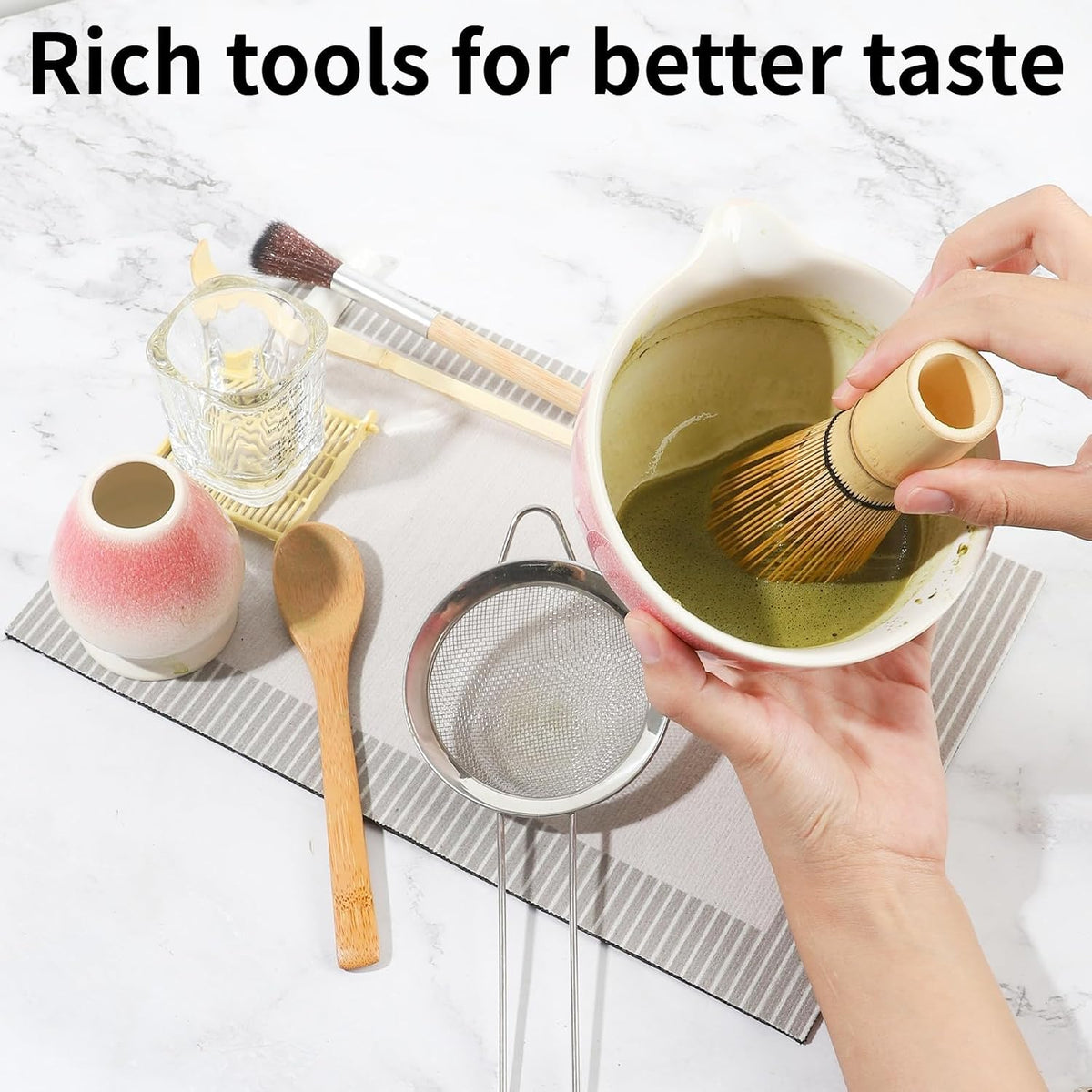 12 Pcs Matcha Whisk Set - Matcha Set Includes Ceramics Matcha Bowl and Cup, Matcha Kit for Ceremony Making Tools, Gift for Family/Friend （Gradient pink）