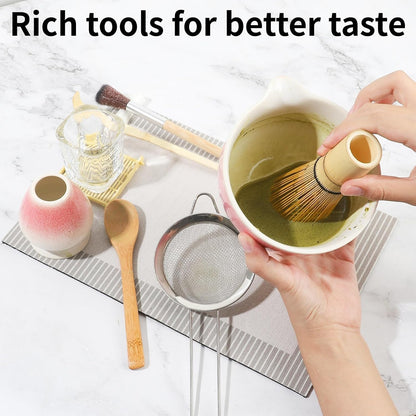 12 Pcs Matcha Whisk Set - Matcha Set Includes Ceramics Matcha Bowl and Cup, Matcha Kit for Ceremony Making Tools, Gift for Family/Friend （Gradient pink）